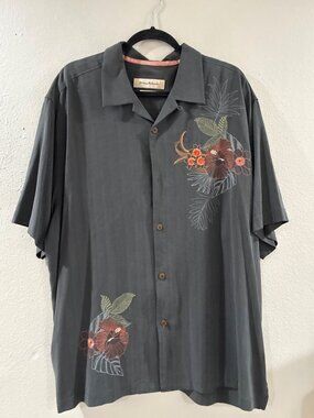 Tommy Bahama Mens silk grey embroidered floral camp shirt original fit size XXL